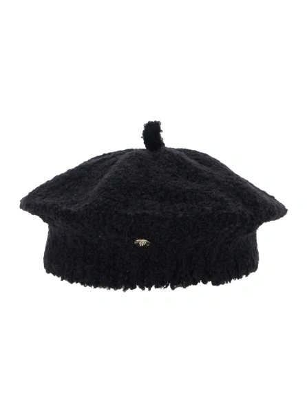 Caciula 'Tilda' Black beret with drawstring on the crown and logo plaque on the front in wool blend for women