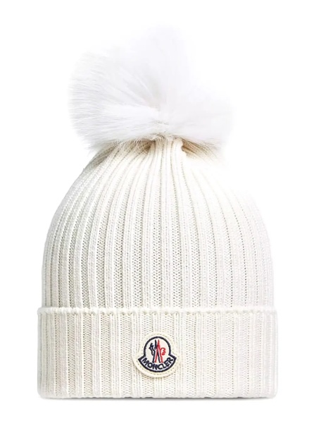 Caciula White beanie with Pompon and logo patch on the front in wool Girl