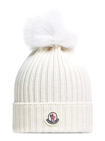 Caciula White beanie with Pompon and logo patch on the front in wool Girl