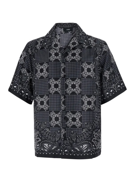 Camasa Black Bowling Shirt with Cuban Collar and All-Over Geometric Print in Silk for Men