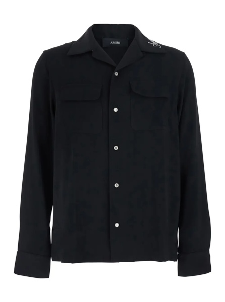Camasa Black Shirt with Notched Collar with logo lettering Embroidery in Tech Fabric for Men