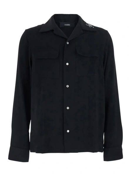 Camasa Black Shirt with Notched Collar with logo lettering Embroidery in Tech Fabric for Men