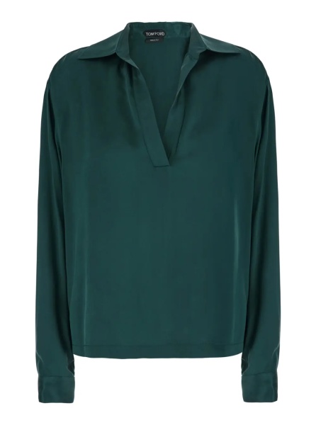 Camasa Green Shirt with wide collar and V-neck in silk for women