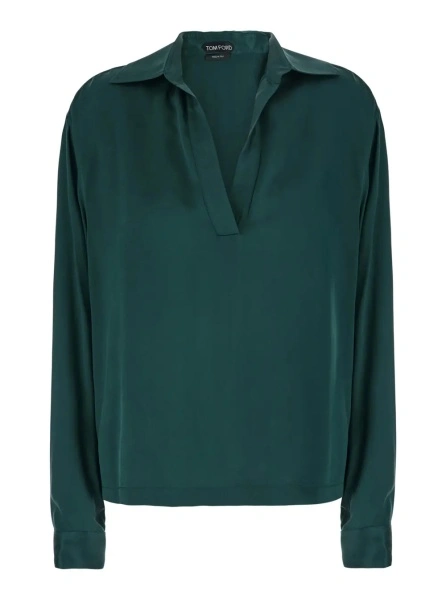 Camasa Green Shirt with wide collar and V-neck in silk for women