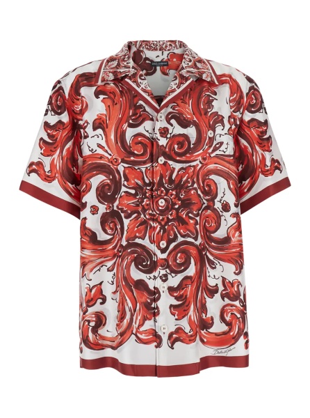 Camasa Multicolor Bowling Shirt with Cuban Collar and All-Over Maiolica Print in Silk for Men