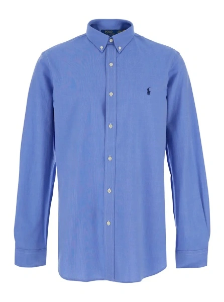 Camasa 'Slim Fit' Light Blue Shirt with button-down collar and Pony embroidery on the front in stretch cotton for men