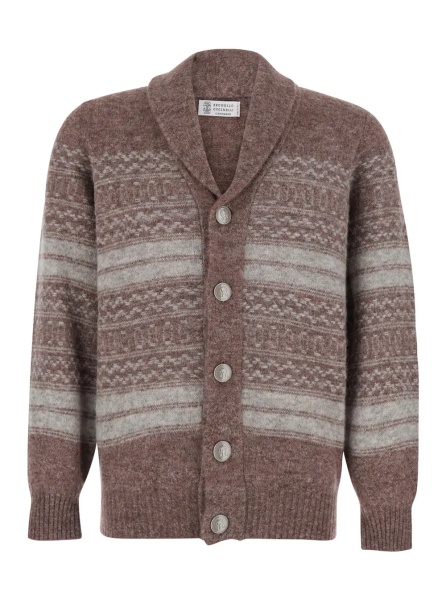 Cardigan Brown Cardigan with V-neck and striped Motif in wool blend for men