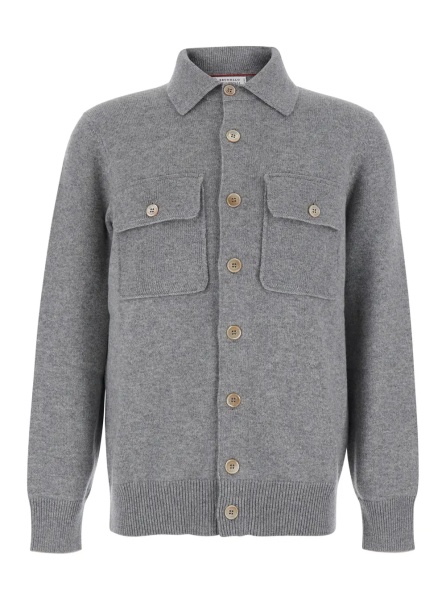 Cardigan Grey Cardigan with classic collar and Patch pockets on the front in cashmere for men