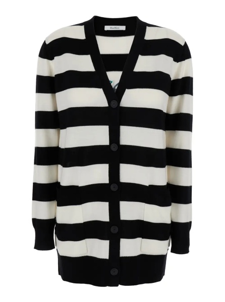 Cardigane 'Fiemme' Black and White Cardigan with Rear Embroidery and All-Over Striped Motif in Wool Woman