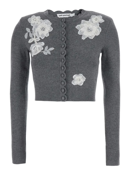 Cardigane Grey Cardigan with embroidered floral lace details in wool for women