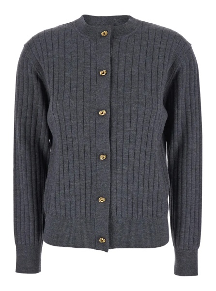 Cardigane Grey Crewneck Cardigan with Knot Buttons Closure and Ribbed Knit in Wool Woman