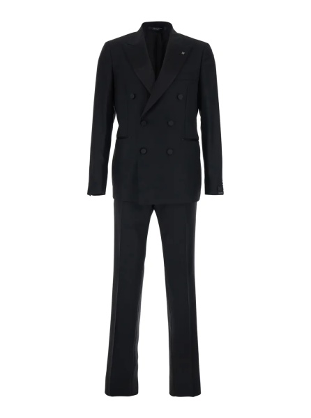 Costum Black Double-breasted Suit with Peak Revers in Wool for Men
