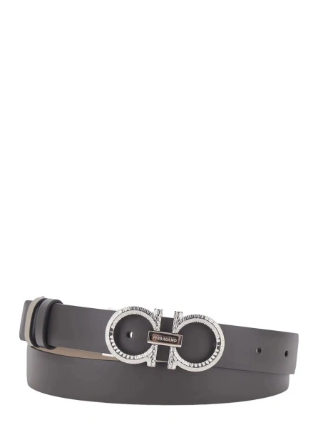 Curea brown Belt with metal Gancini buckle and reversible design in leather Women