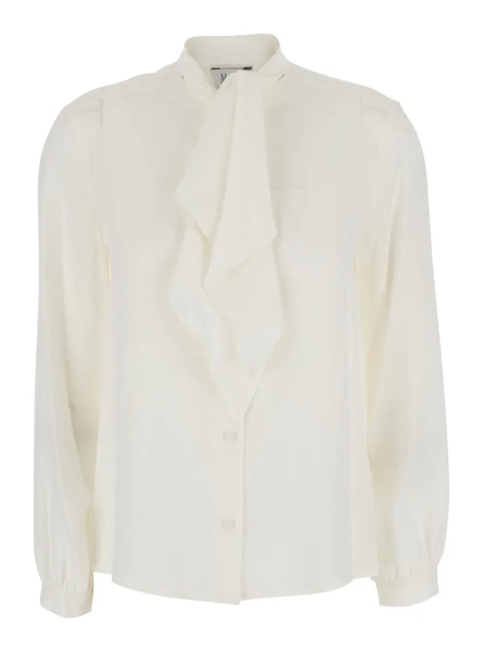 Esarfa white Shirt with scarf collar and long sleeves in silk for women