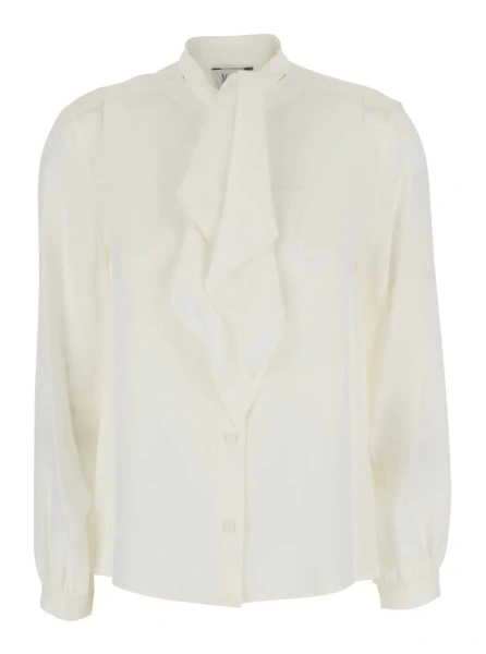 Esarfa white Shirt with scarf collar and long sleeves in silk for women