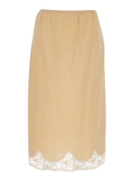 Fusta Beige Silk Skirt with Elastic Waist and Lace Hem for Women