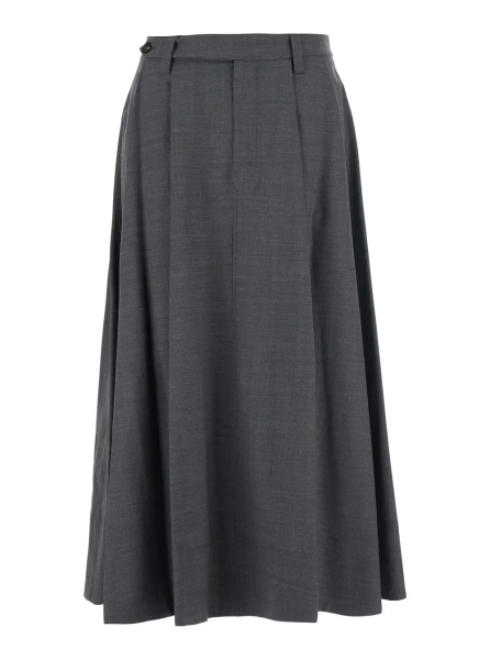 Fusta Grey Midi Skirt with Button Closure on the Side and Monil detail on the Belt Loops in Wool Blend for Women