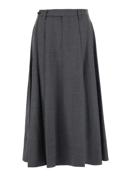 Fusta Grey Midi Skirt with Button Closure on the Side and Monil detail on the Belt Loops in Wool Blend for Women