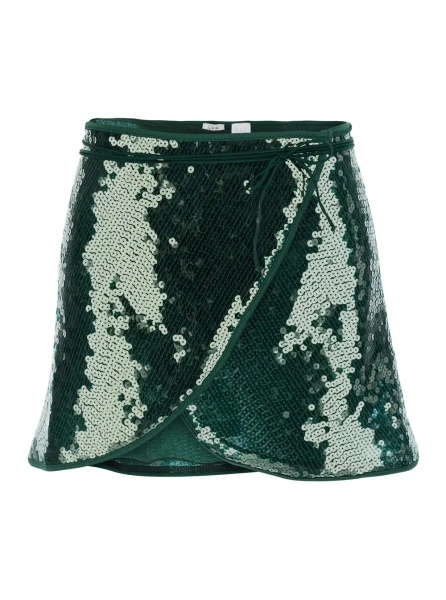 Fusta 'Marylin' Green Skirt with knot at the waist and all-over strass in Tech Fabric Woman