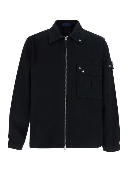 Geaca biker Biker Jacket with shirt collar, long sleeves, front closure, logo patch, side pockets, in cotton, black color, unisex