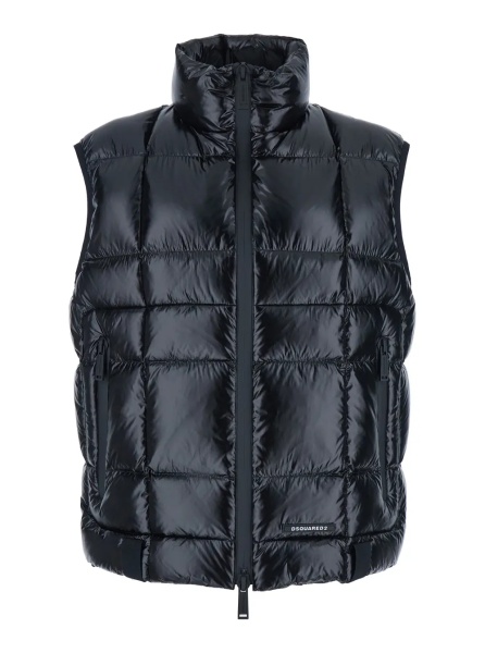 Geaca de Iarna Black Sleeveless Down Jacket with High Neck and Logo Patch on the Front in Tech Fabric Man