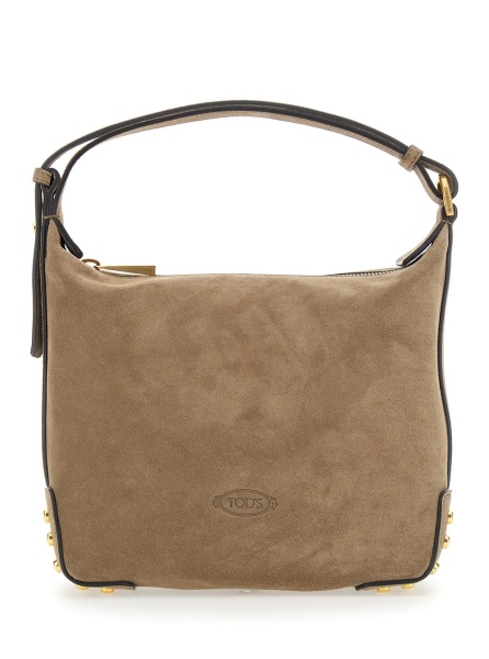 Geanta de mana Beige Handbag with Top Handle and Metal Dots in Suede for Women