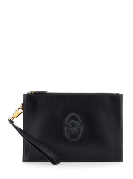 Geanta de mana Black Clutch with removable wrist strap and Medusa on the front in leather for men