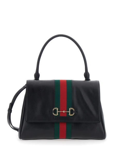 Geanta de mana Black Handbag with Web Detail and Horsebit Plaque on the Front in Leather for Women