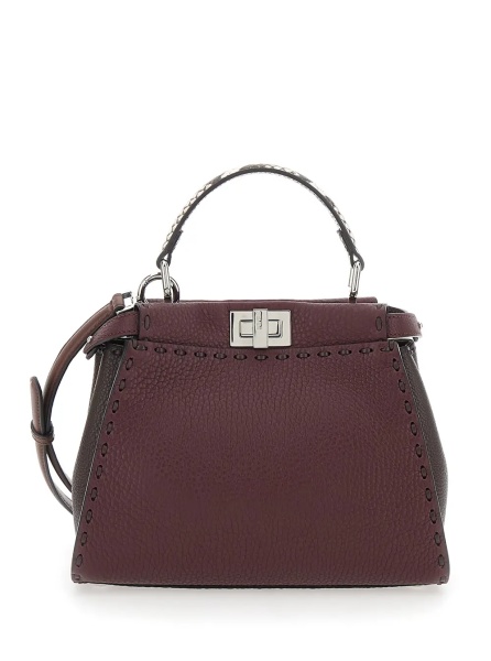 Geanta de mana Bordeaux Peekaboo Tote Bag with Snakeskin Handle and Turn Lock Closure on Both Sides in Hammered Leather for Women