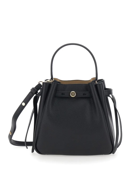 Geanta de mana Bucket Bag 'Romy' with Adjustable Strap and Logo Plate on Front in Grained Black Leather for Women