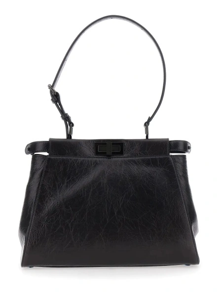 Geanta de mana 'My Peekaboo' Black Medium Handbag with adjustable shoulder strap and twist-lock closure in leather for women
