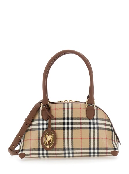 Geanta de mana 'Primrose' Beige Handbag with EKD Leather Tag and Adjustable and Removable Strap in Check Canvas for Women