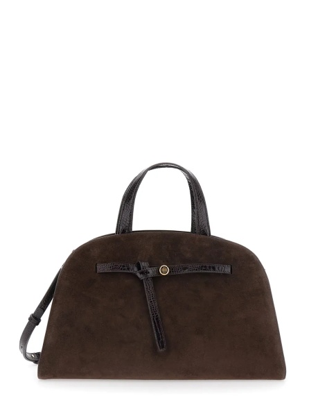 Geanta de mana 'Romy' Brown Handbag with Adjustable and Removable Shoulder Strap and Logo Plate on the Front in Suede for Women