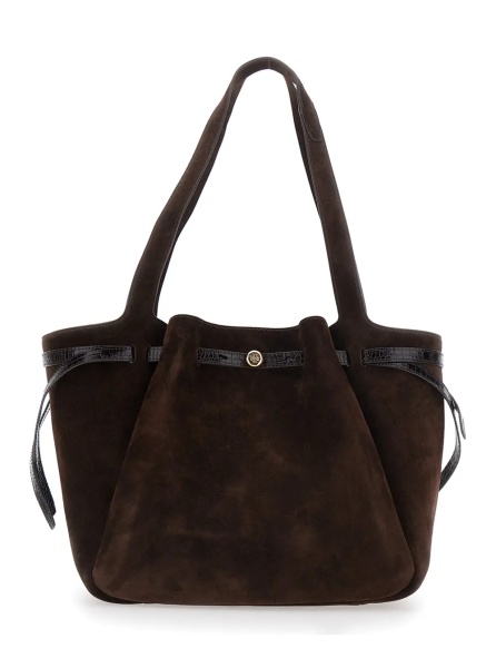 Geanta de mana 'Romy' Brown Shoulder bag with Logo Plate Strap on Front and Magnetic Closure in Suede for Women
