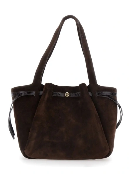 Geanta de mana Tory Burch maro din piele intoarsa 'Romy'