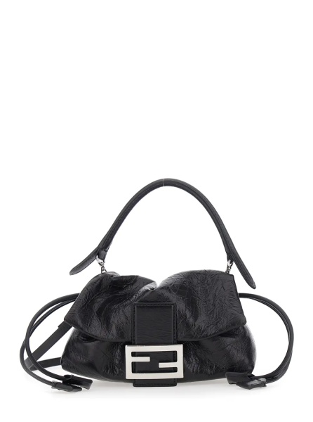 Geanta de umar 'Baguette' Black Shoulder bag with FF plate on the front and adjustable and removable strap in leather for women