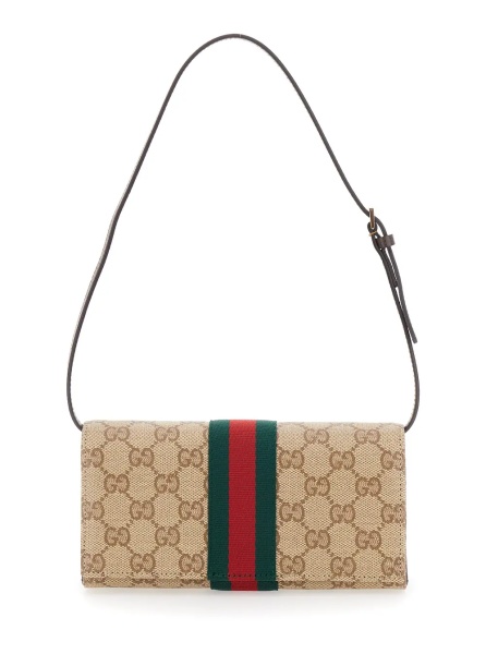 Geanta de umar beige Crossbody bag with GG all-over motif and Web detail in fabric for women
