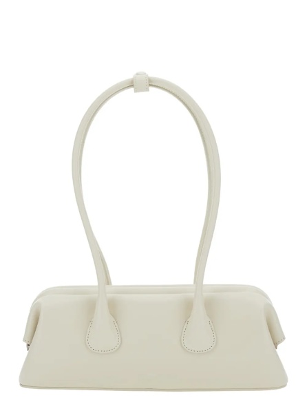 Geanta de umar 'Boat Wide Mini' White Shoulder Bag with Round Handles and Logo Lettering on the Front in Leather for Women