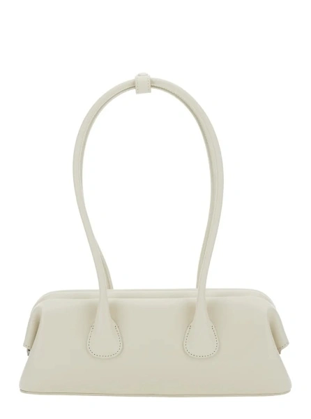 Geanta de umar 'Boat Wide Mini' White Shoulder Bag with Round Handles and Logo Lettering on the Front in Leather for Women