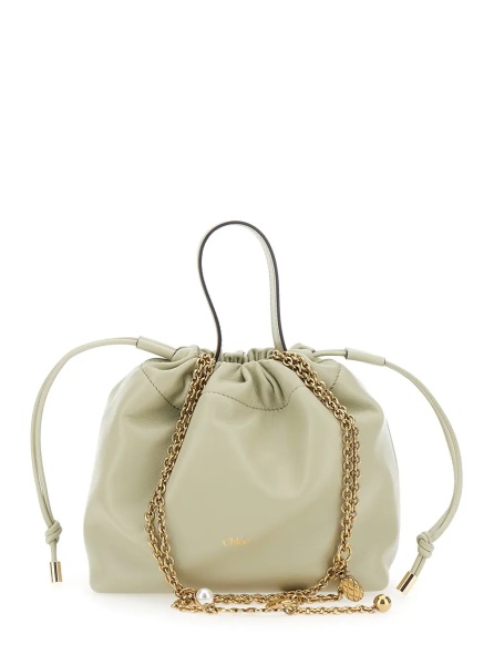 Geanta de umar 'Chloe Icons' Gray Shoulder Bag with Drawstring Closure and Logo Lettering on the Front in Leather for Women