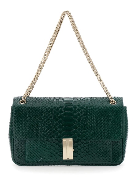 Geanta de umar Green Crossbody bag with T closure in glossy snake effect leather for women
