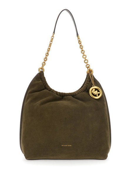 Geanta de umar 'Indie' Green Shoulder Bag with Chain Strap and Logo Pendant on Front in Suede for Women