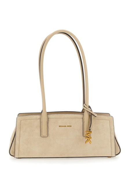 Geanta de umar 'Laila' Beige Shoulder Bag with Logo Plate on Front in Suede for Women