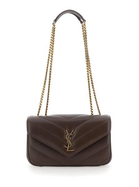 Geanta de umar 'LOULOU small' Brown Crossbody bag with YSL metal logo plaque on front in quilted leather woman
