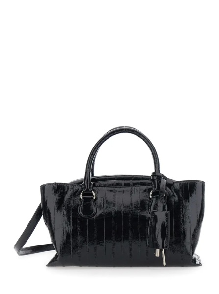 Geanta de umar 'Shell Brot' Black Mini Shoulder bag with Adjustable and Removable Strap and Pendant on the Front in Leather for Women