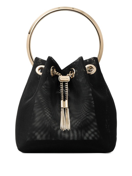 Geanta mini Jimmy Choo Bon Bon neagra din plasa si alama