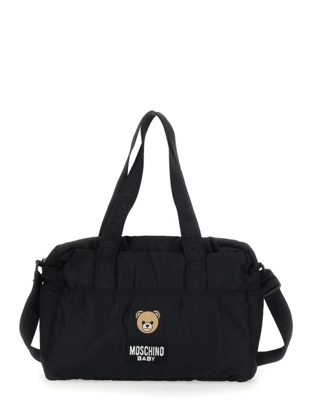 Genti Black handbag with changing mat and logo lettering with teddy bear on the front in Tech Fabric baby
