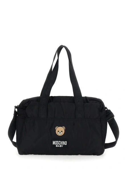 Genti Black handbag with changing mat and logo lettering with teddy bear on the front in Tech Fabric baby