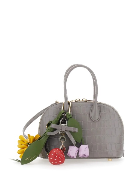 Genti Gray Mini Bag with Adjustable and Removable Shoulder Strap and Charm on the Front in Leather for Women