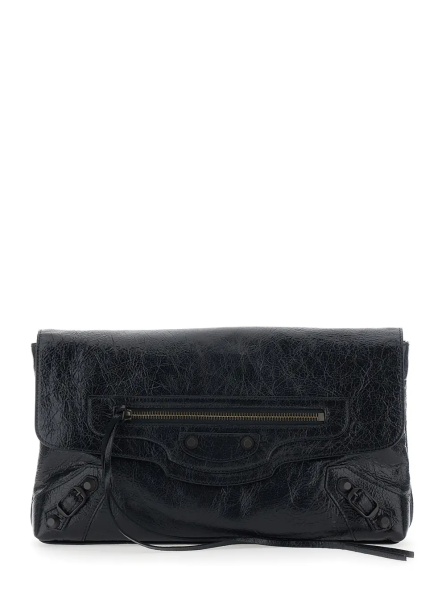 Genti 'Le City' Black Small Clutch with Zip Pocket on the Front in Leather for Women